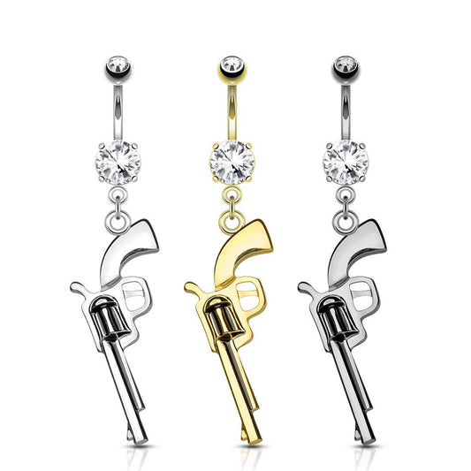 Gun Dangle CZ Prong Set 316L Surgical Steel Navel Belly Rings, Curved Barbell, Piercing Jewelry, Body Jewelry