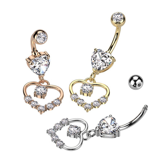 Heart Shaped Gemmed Belly Ring With Hollow Heart, Navel Ring, Piercing Jewelry