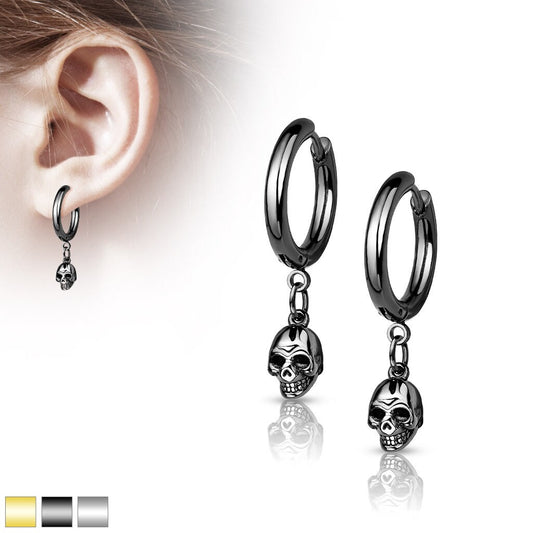 Pair of Black 316L Surgical Steel Hoop Earrings with Skull Dangle, Unisex, Nickle-Free, Body Jewelry, Piercing Jewelry