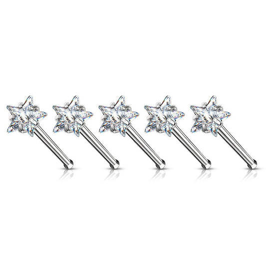 Prong Set Star CZ Top 316L Surgical Steel Nose Bone Stud Rings, Piercing Jewelry, Body Jewelry, Unisex