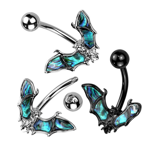 Bat with Abalone Shell Wings 316L Surgical Steel Belly Button Ring, Navel Ring, Body Jewelry, Piercing Jewelry, Unisex, Nickel-free