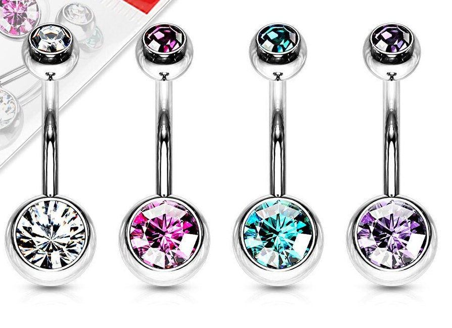 Double Gem Ball Belly Ring, 14 Gauge Curved Barbell, Navel Ring, Nickel-free, Gifts for Her, Gifts